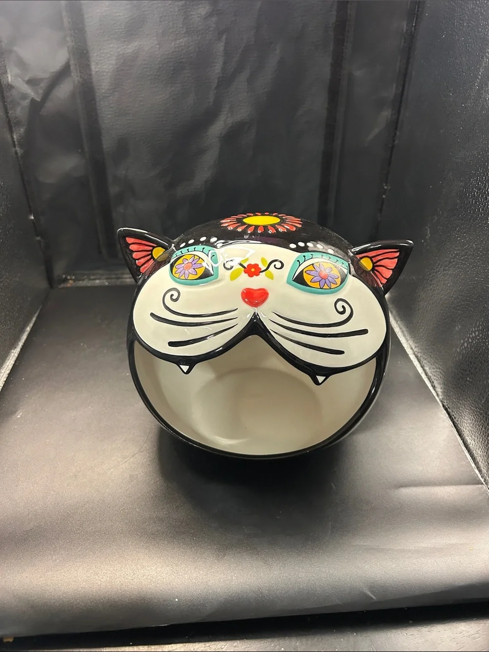 Blue Sky Black Ceramic Cat Bowl with Colorful Floral Eyes